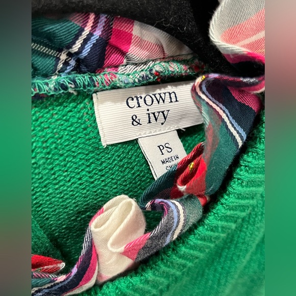 CROWN & IVY Green 2Fer Plaid Ruffle Trim Sweater PS Holiday Sweater - Picture 7 of 9